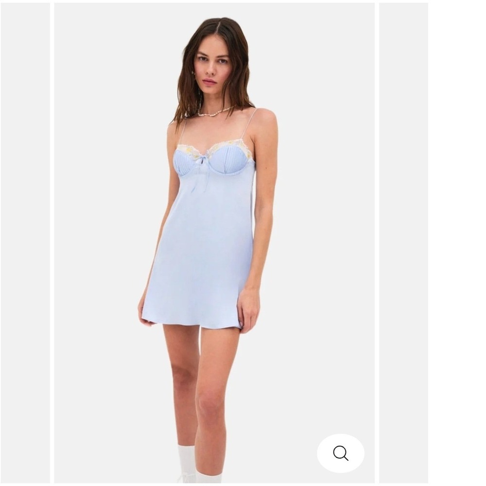 For Love & Lemons Women L Paloma Slip Dress Baby Blue Floral Lace Mini Dress